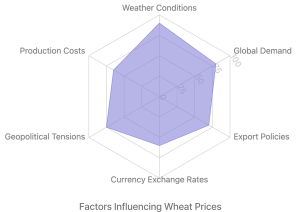 Radar graph depicting the factors influencing wheat prices, including currency exchange rates, geopolitical tensions, production costs, weather conditions, global demand, and export policies